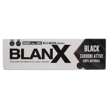 BLANX Dentifricio Black ai Carboni Attivi 100% Naturali, Rimuove Fino Al 100% Delle Macchie. Sbiancante ai Licheni Artici. Antimacchia, Non Abrasivo, Pasta Nera 75ml