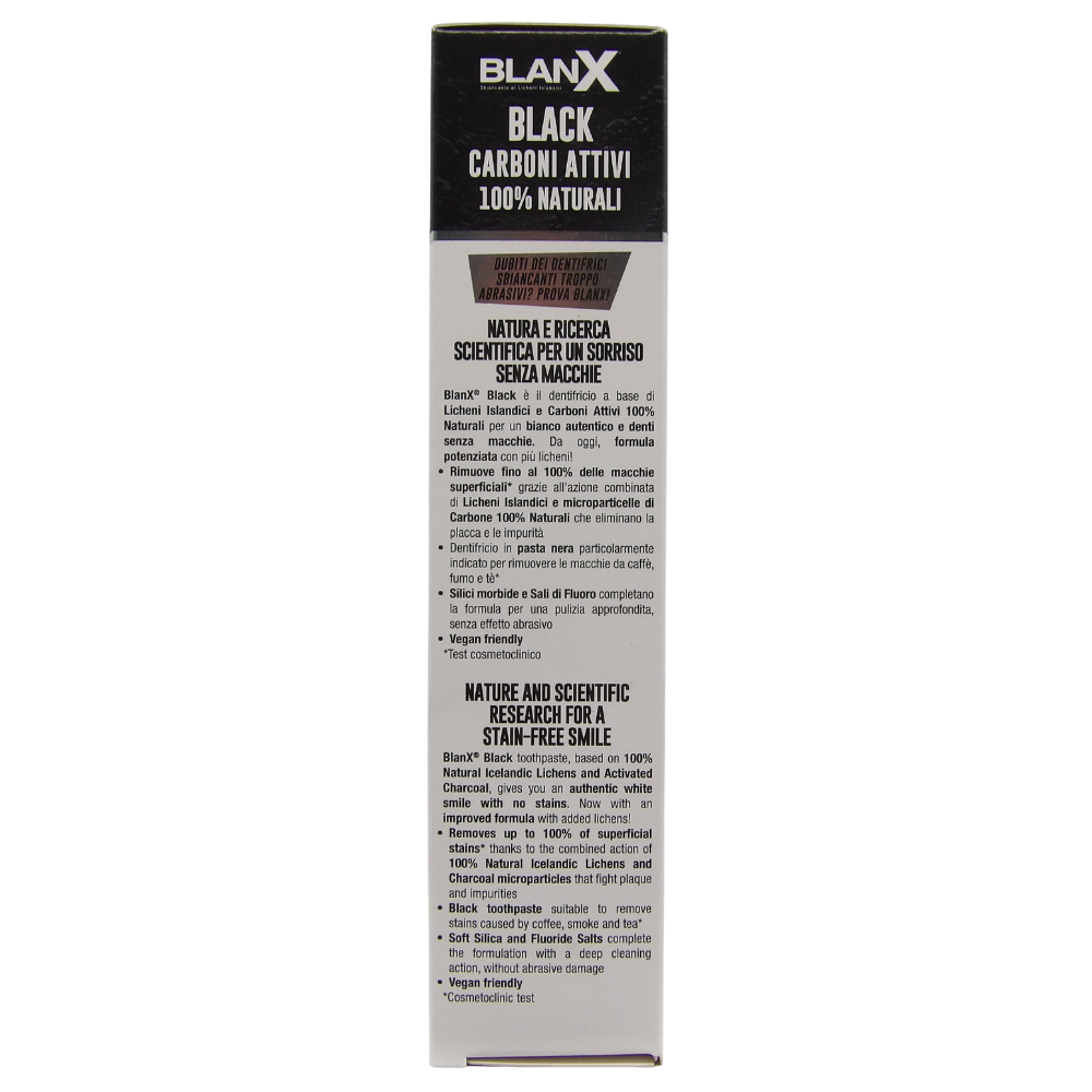 BLANX Dentifricio Black ai Carboni Attivi 100% Naturali, Rimuove Fino Al 100% Delle Macchie. Sbiancante ai Licheni Artici. Antimacchia, Non Abrasivo, Pasta Nera 75ml