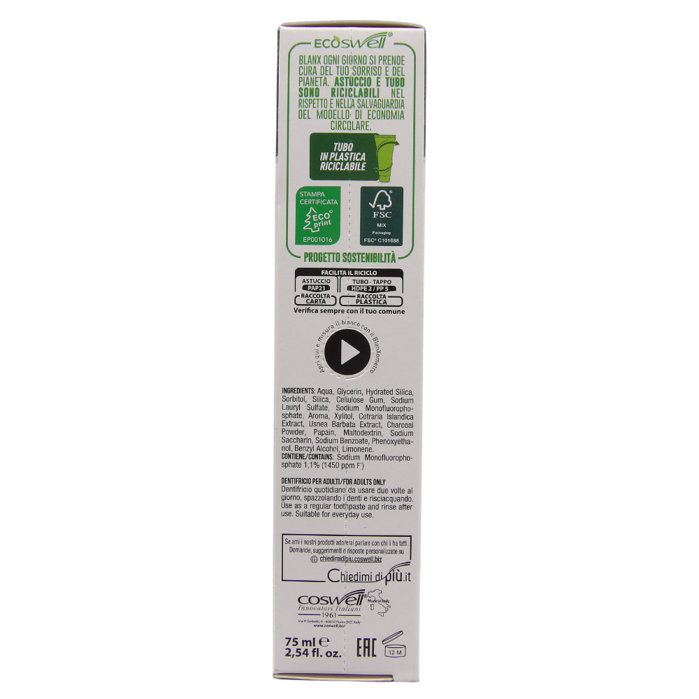 BLANX Dentifricio Black ai Carboni Attivi 100% Naturali, Rimuove Fino Al 100% Delle Macchie. Sbiancante ai Licheni Artici. Antimacchia, Non Abrasivo, Pasta Nera 75ml