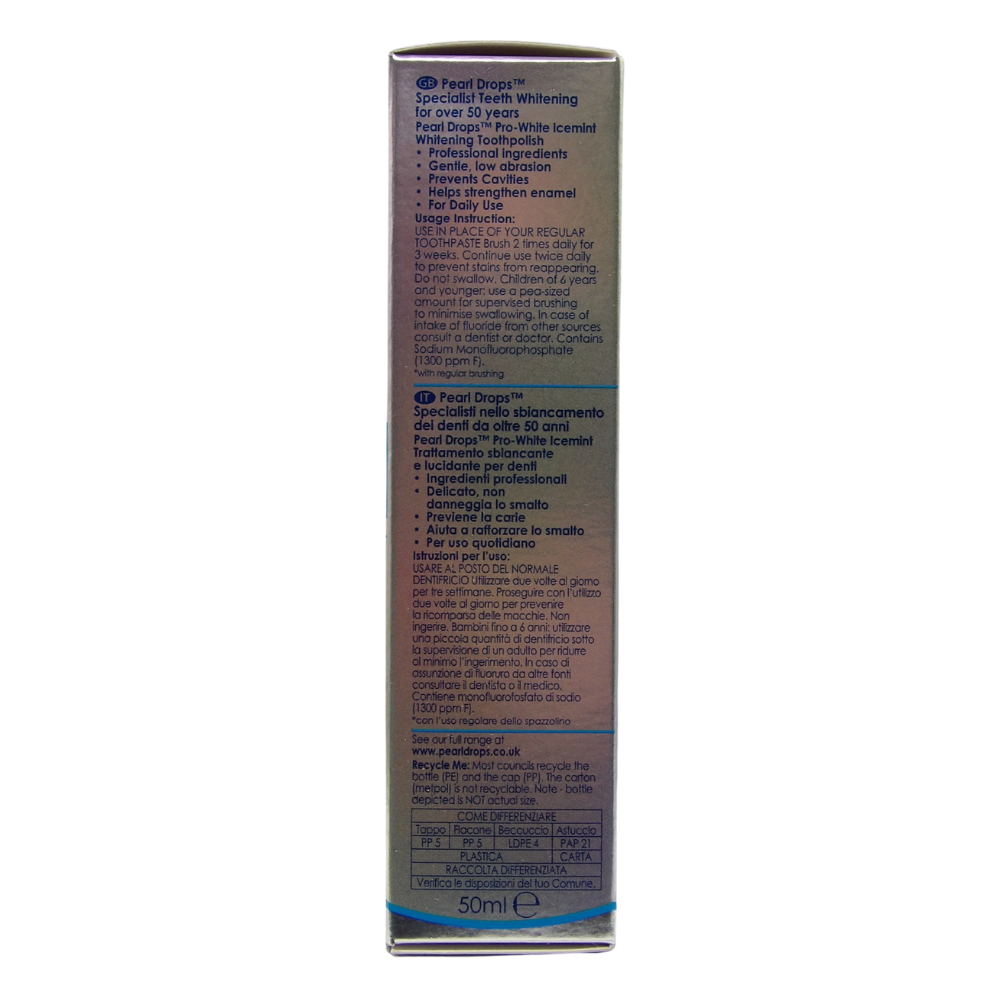 PEARL DROPS Dentifricio Daily Whitening, PRO-WHITE ICEMINT, Pulisce, Sbianca e Protegge 50ml