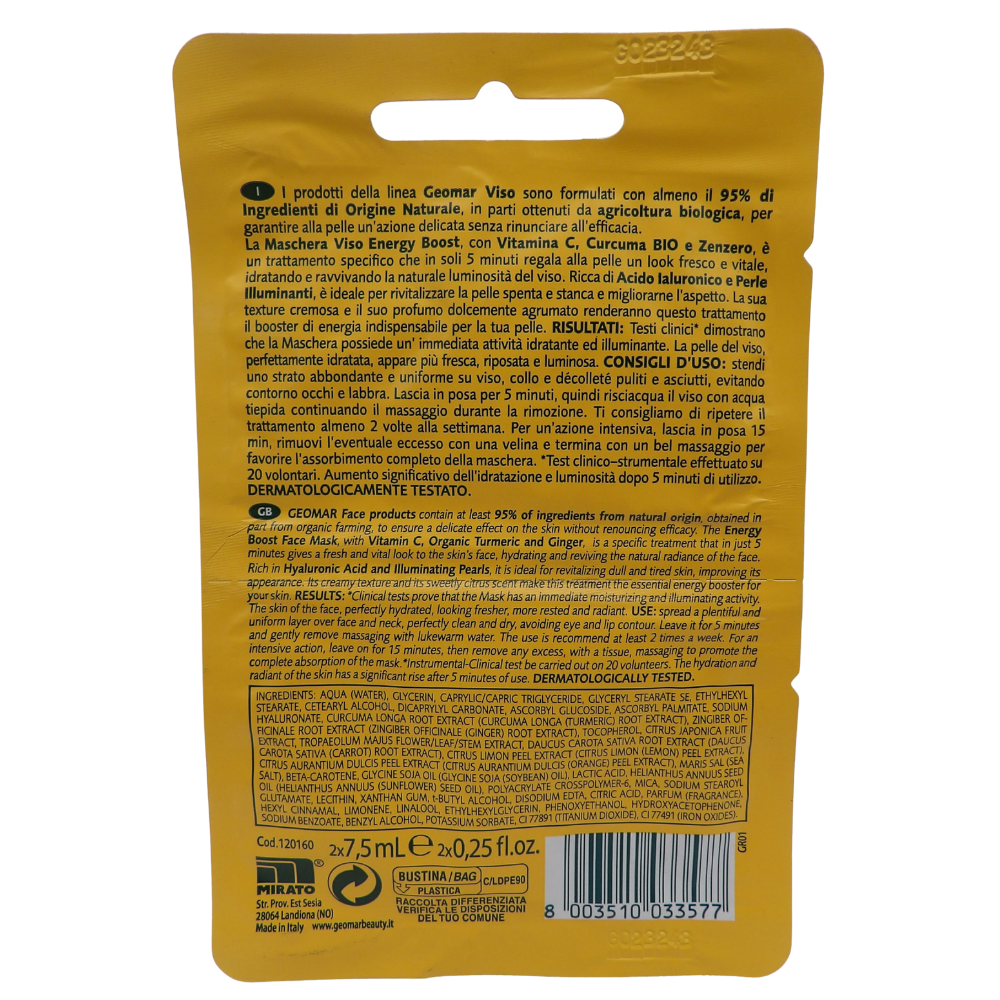 GEOMAR Maschera Viso ENERGY BOOST, Effetto Illuminante e Energizzante, Con Vitamina C, Zenzero e BIO Curcuma (Confezione Da 2x7.5ml)