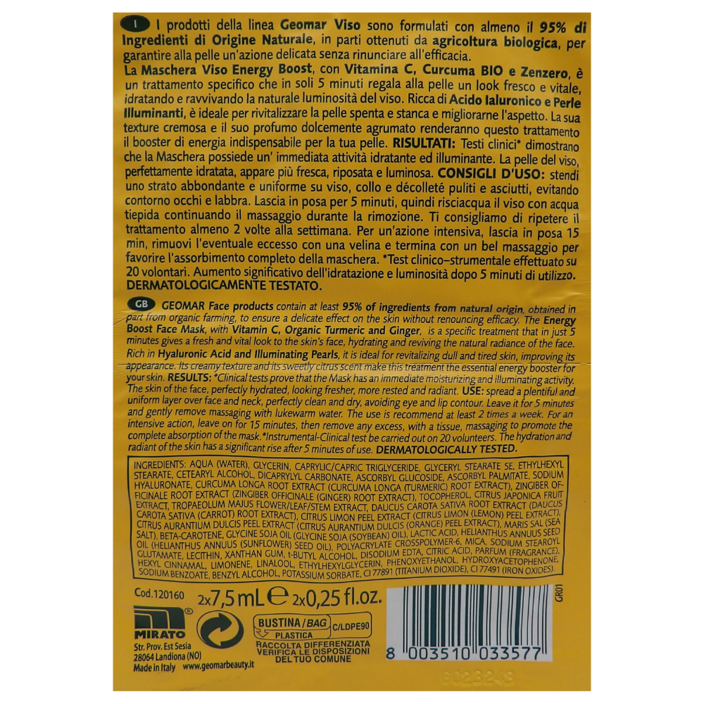 GEOMAR Maschera Viso ENERGY BOOST, Effetto Illuminante e Energizzante, Con Vitamina C, Zenzero e BIO Curcuma (Confezione Da 2x7.5ml)
