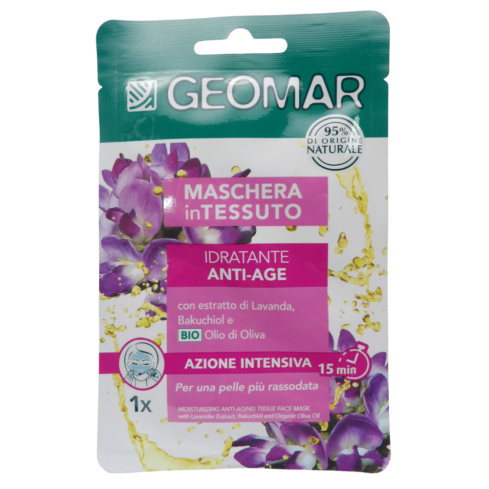 GEOMAR Maschera In Tessuto Viso, Idratante ANTI-AGE, Azione Intensiva 15min, Per Una Pelle Più Rassodata, Con Estratto Di Lavanda, Bakuchiol e BIO Olio Di Oliva 22ml
