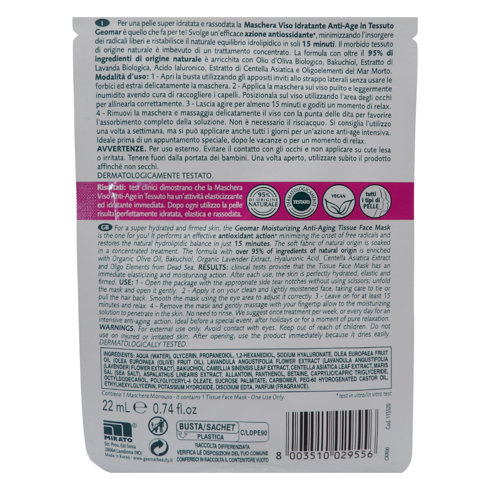 GEOMAR Maschera In Tessuto Viso, Idratante ANTI-AGE, Azione Intensiva 15min, Per Una Pelle Più Rassodata, Con Estratto Di Lavanda, Bakuchiol e BIO Olio Di Oliva 22ml