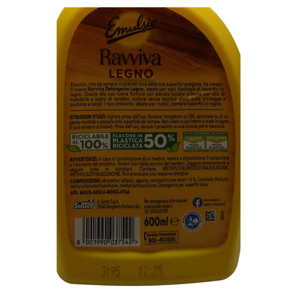 Emulsio RAVVIVA, Detergente Legno, Pulisce, Non Lascia Aloni, Cura e Protegge, Profuma a Lungo. Elevato Potere Pulente. Con Olio di Mandorla e Legno Di Sandalo 600ml