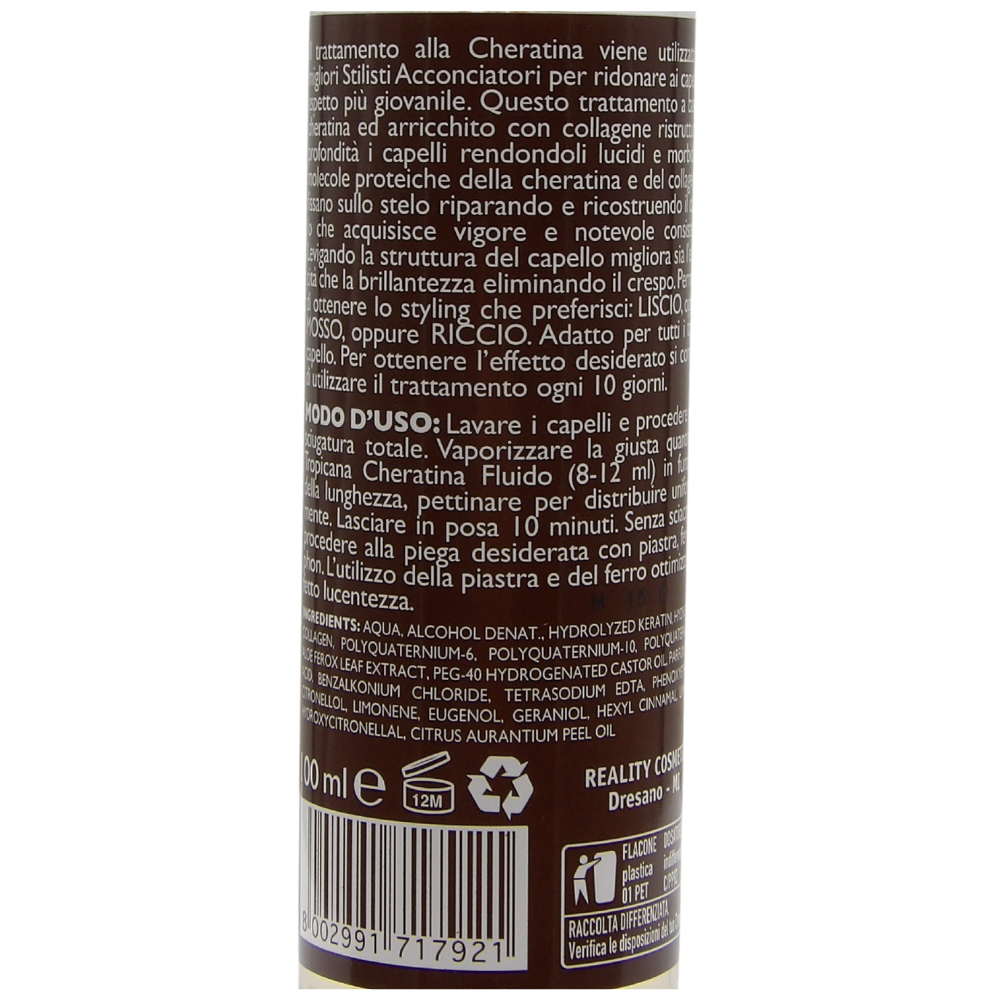 Tropicana Spray CHERATINA FLUIDO, Ricostruzione Dei Capelli Graduale e Costante. Per Uno Styling Liscio - Mosso - Riccio 100ml