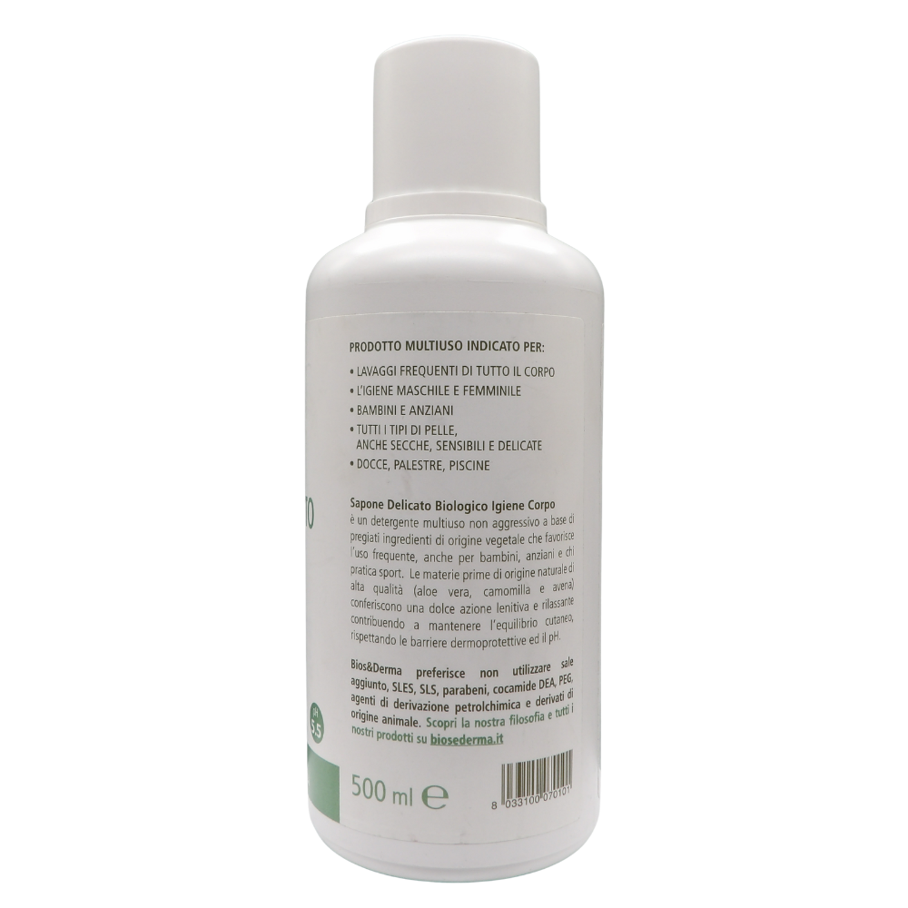 BIOS & DERMA Sapone Delicato Biologico, Igiene Corpo, Eco Bio Protettivo. Con Aloe Vera, Avena e Camomilla 500ml