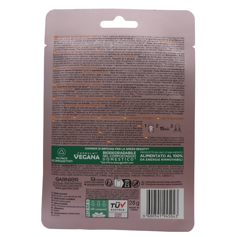 GARNIER Maschera In Tessuto Super Idratante Lenitiva con Acido Ialuronico + Camomilla 28g (Unità)