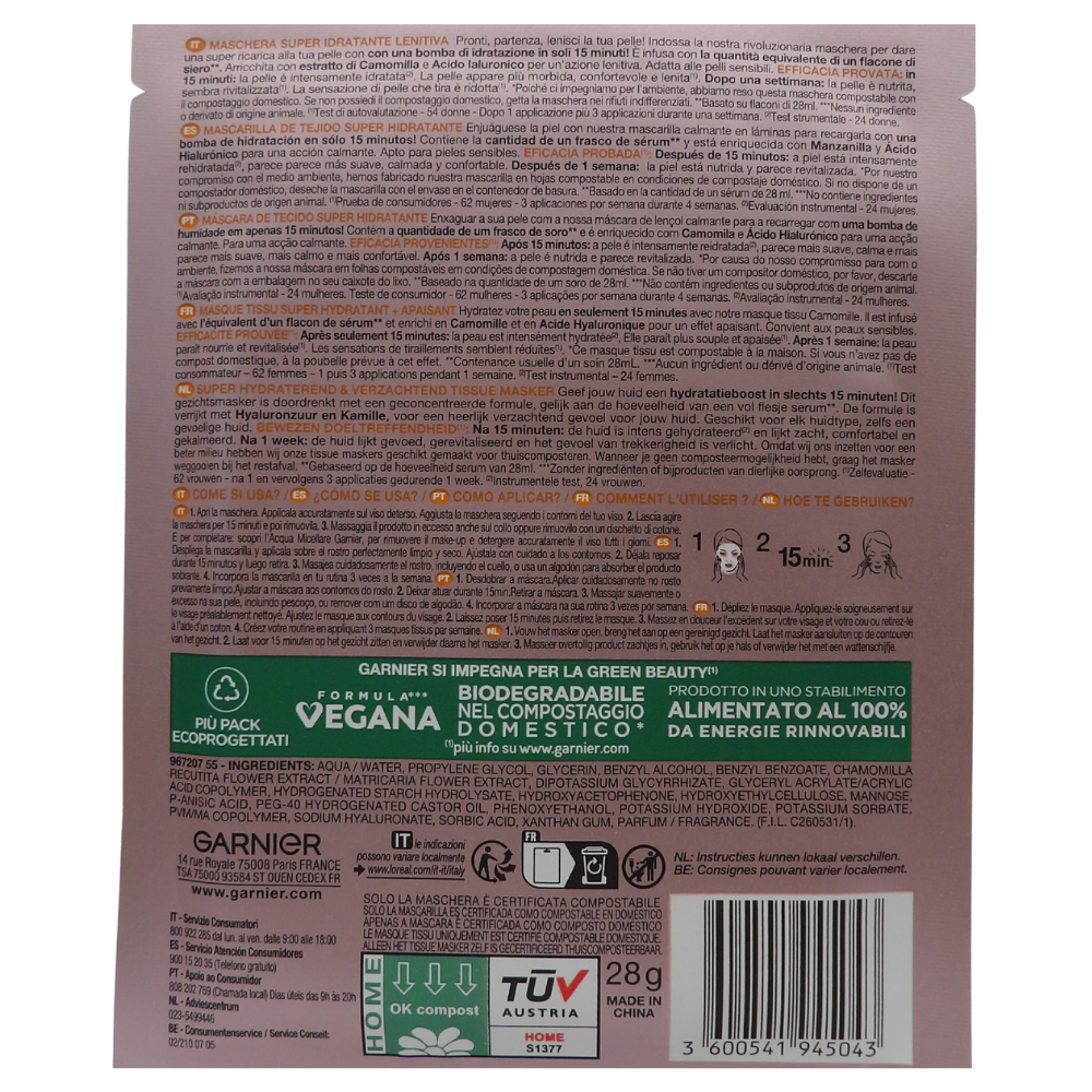 GARNIER Maschera In Tessuto Super Idratante Lenitiva con Acido Ialuronico + Camomilla 28g (Unità)