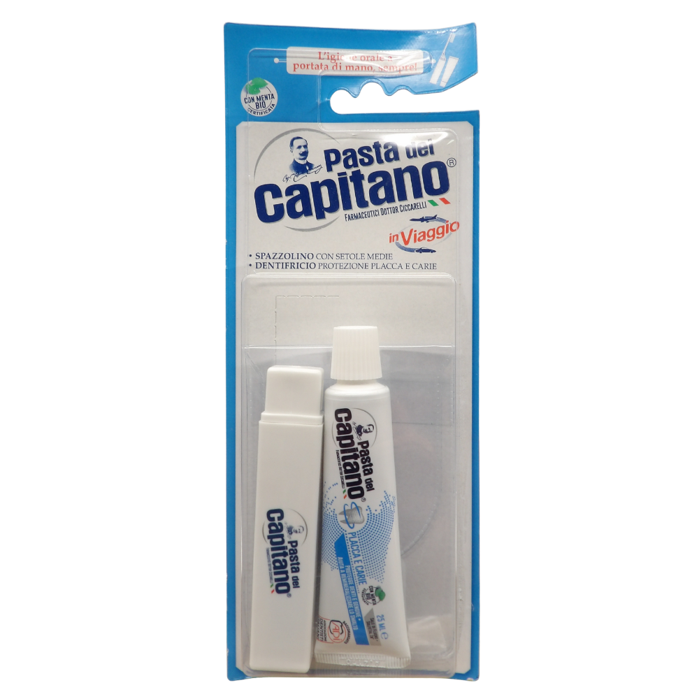 PASTA DEL CAPITANO Kit da Viaggio Composto da Spazzolino e Dentifricio Placca e Carie da 25 ml, Ottimo per l'Igiene Orale Sempre a Portata di Mano