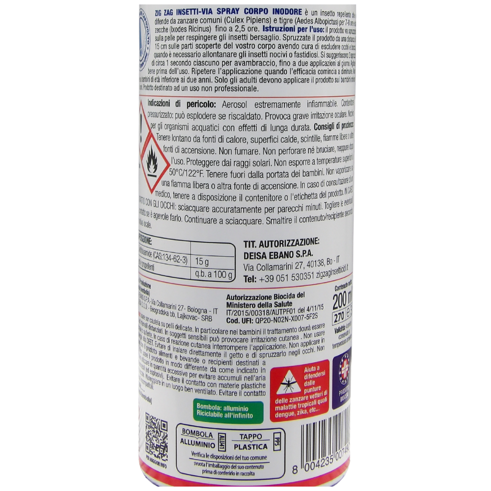 Zig Zag Insetti Via Antipuntura Lozione Zanzare Comuni, Tigre E Zecche 200 ml.