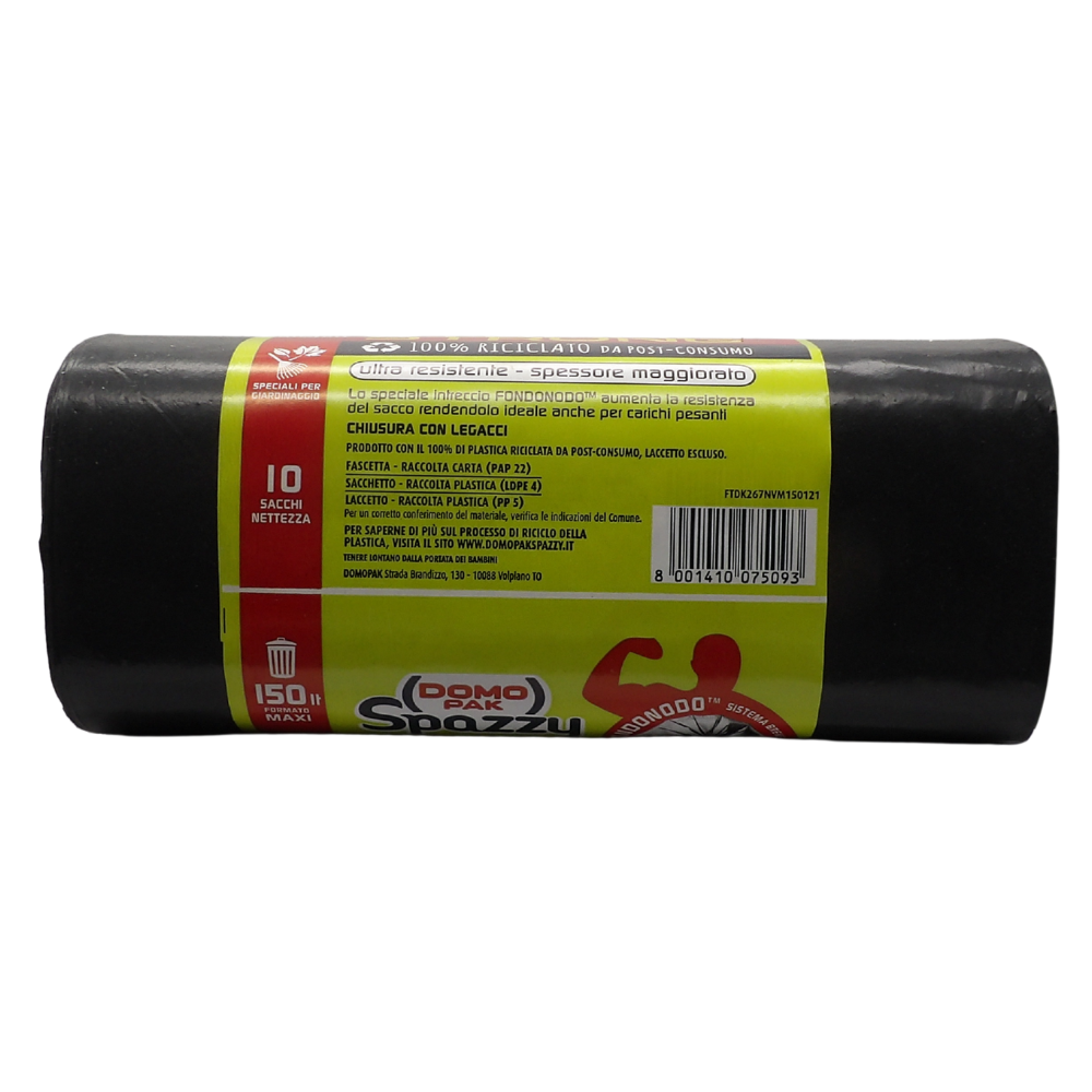 DOMOPAK Sacchi Nettezza MAXI STRONG, Formato 150L, Misura 80x120 cm. Ultra Resistente - Spessore Maggiorato. Rotolo Da 10 Sacchi Neri (Rotolo)