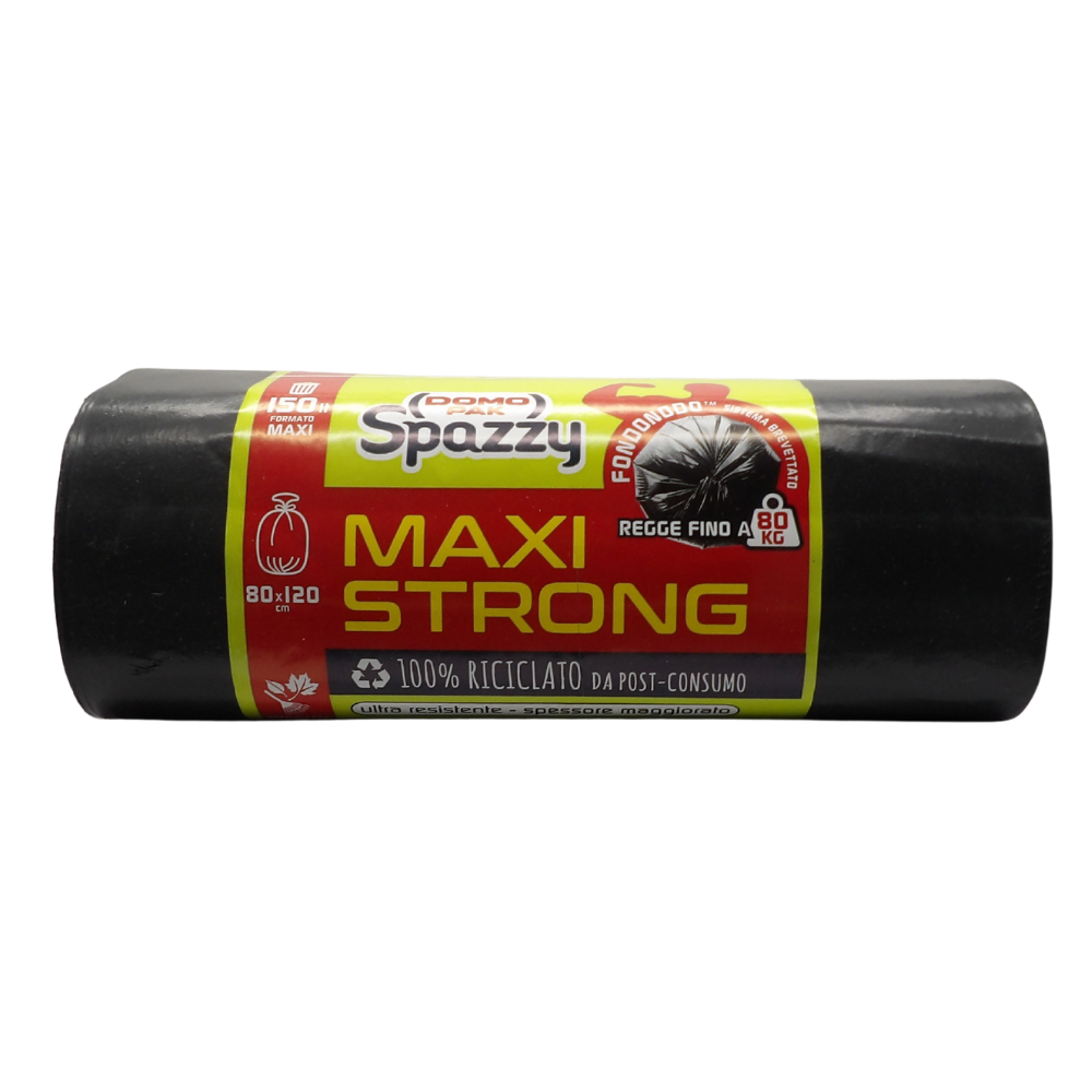 DOMOPAK Sacchi Nettezza MAXI STRONG, Formato 150L, Misura 80x120 cm. Ultra Resistente - Spessore Maggiorato. Rotolo Da 10 Sacchi Neri (Rotolo)
