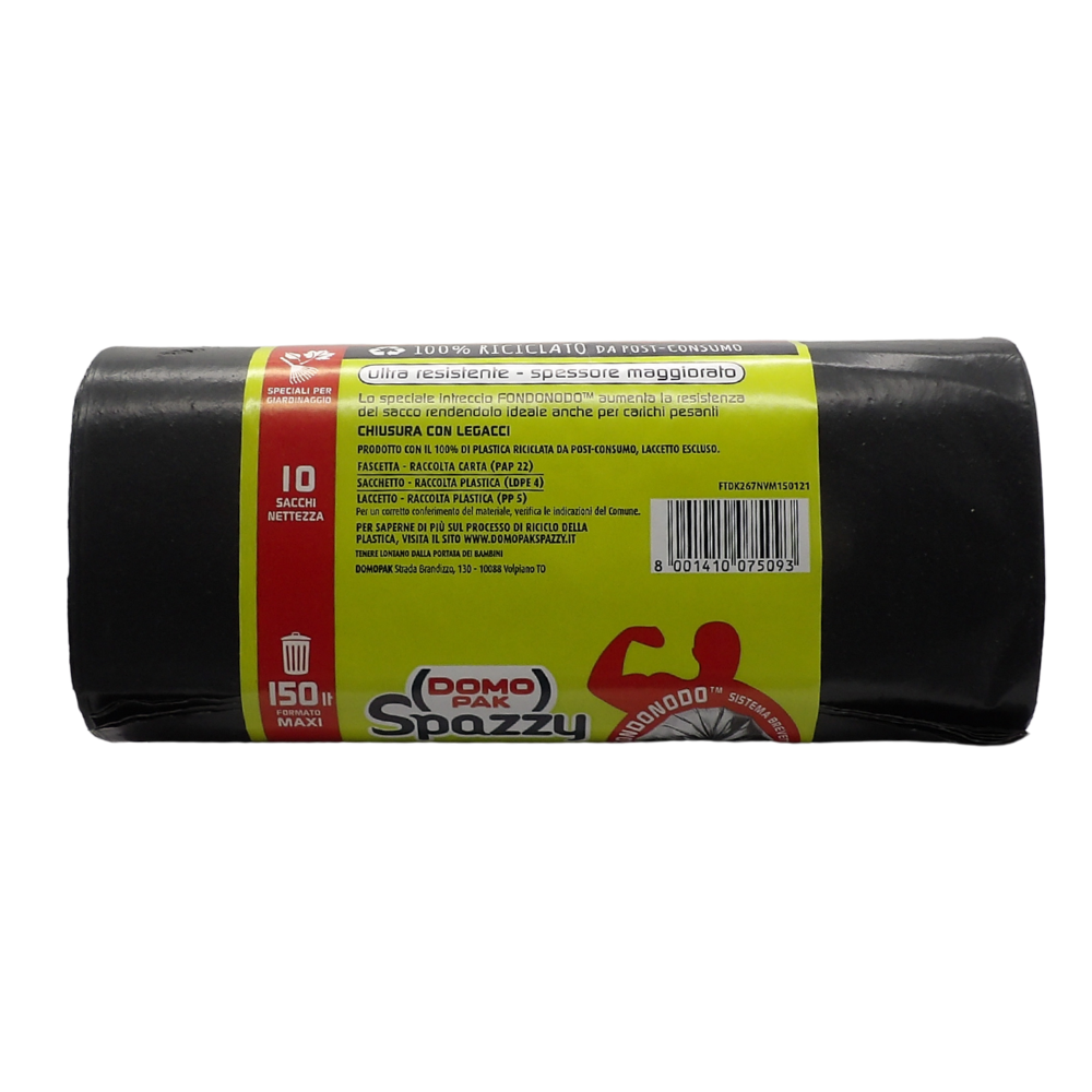 DOMOPAK Sacchi Nettezza MAXI STRONG, Formato 150L, Misura 80x120 cm. Ultra Resistente - Spessore Maggiorato. Rotolo Da 10 Sacchi Neri (Rotolo)