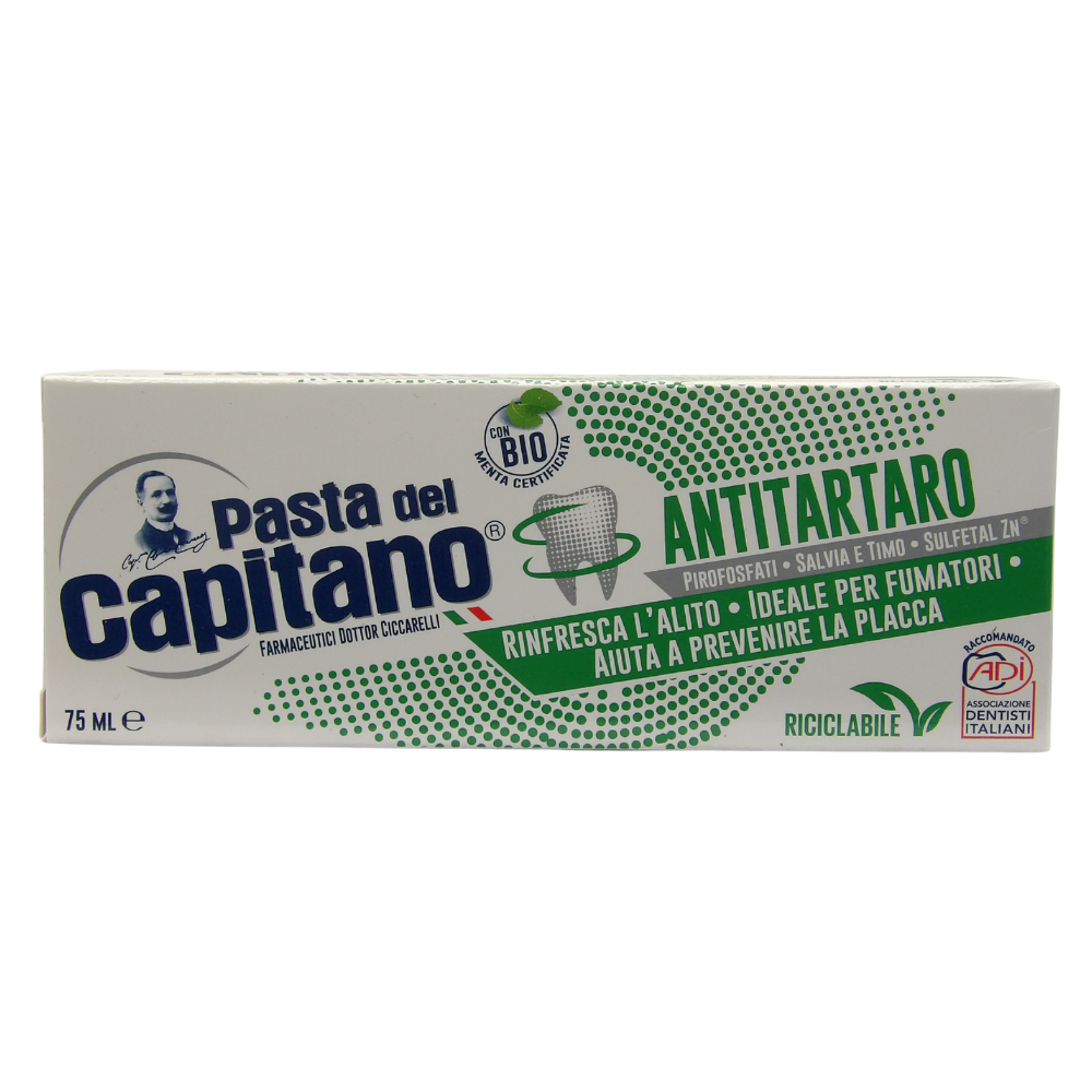 PASTA DEL CAPITANO Dentifricio ANTITARTARO, Rinfresca L'Alito, Ideale Per Fumatori, Aiuta a Prevenire La Placca. Con Pirofosfati, Salvia e Timo, Sulfetal Zn e Menta Bio Certificata 75ml