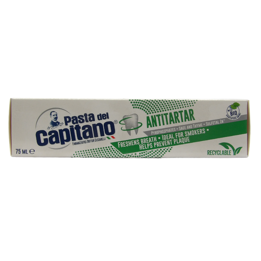PASTA DEL CAPITANO Dentifricio ANTITARTARO, Rinfresca L'Alito, Ideale Per Fumatori, Aiuta a Prevenire La Placca. Con Pirofosfati, Salvia e Timo, Sulfetal Zn e Menta Bio Certificata 75ml