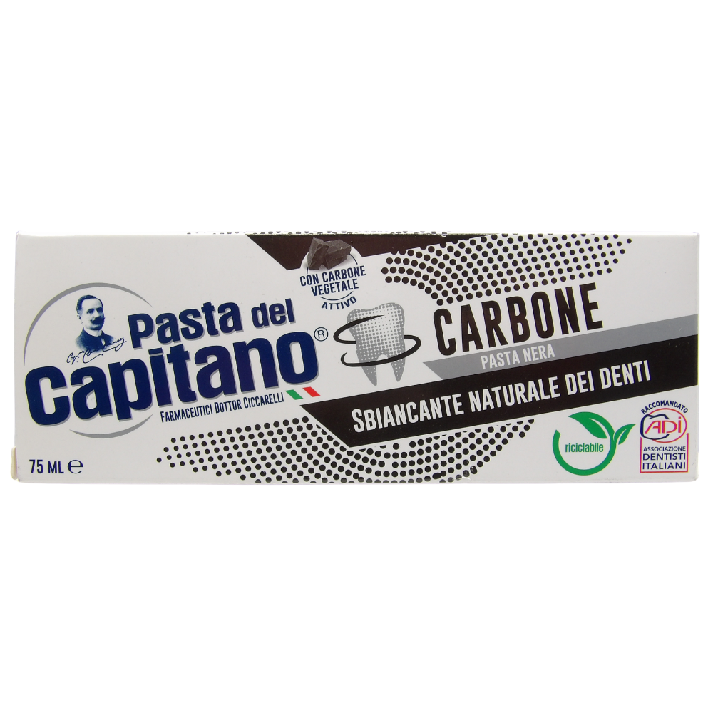 PASTA DEL CAPITANO Dentifricio CARBONE Vegetale Attivo Bio, Sbiancante Naturale Dei Denti In Pasta Nera, Efficace Contro Le Sostanze Che Macchiano Lo Smalto, Tubetto da 75 ml