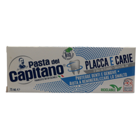 PASTA DEL CAPITANO Dentifricio PLACCA E CARIE Bio, Protegge Denti e Gengive, Soluzione Ideale Contro Placca e Carie, Aiuta a Remineralizzare Lo Smalto. Con 2 Sali Di Fluoro e Sulfetal Zn, Tubetto da 75 ml