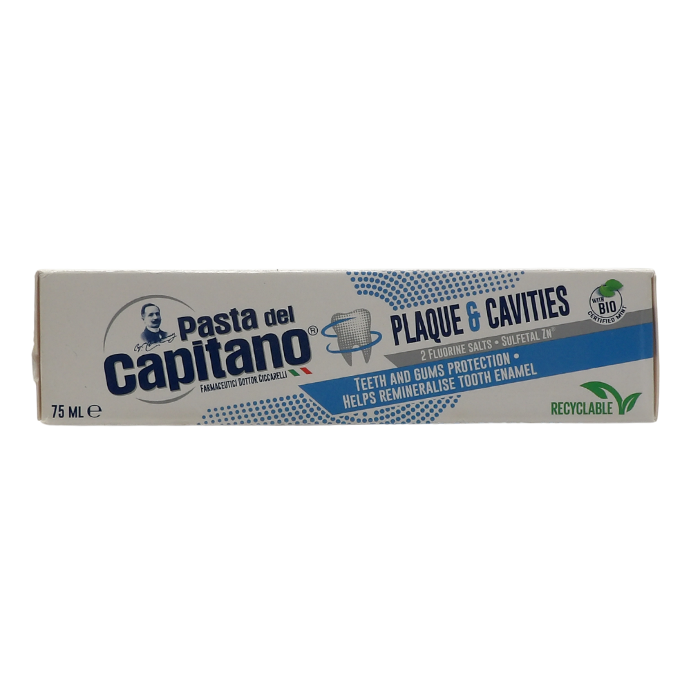 PASTA DEL CAPITANO Dentifricio PLACCA E CARIE Bio, Protegge Denti e Gengive, Soluzione Ideale Contro Placca e Carie, Aiuta a Remineralizzare Lo Smalto. Con 2 Sali Di Fluoro e Sulfetal Zn, Tubetto da 75 ml