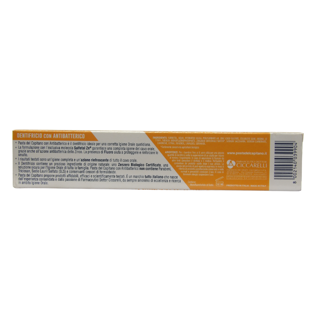 PASTA DEL CAPITANO Dentifricio ZENZERO Bio, Con Antibatterico. Protezione Completa, Rinfresca L'Alito. Con Fluoro e Sulfetal Zn. Non Contiene Parabeni, Triclosan, Sodio Lauril Solfato 75ml