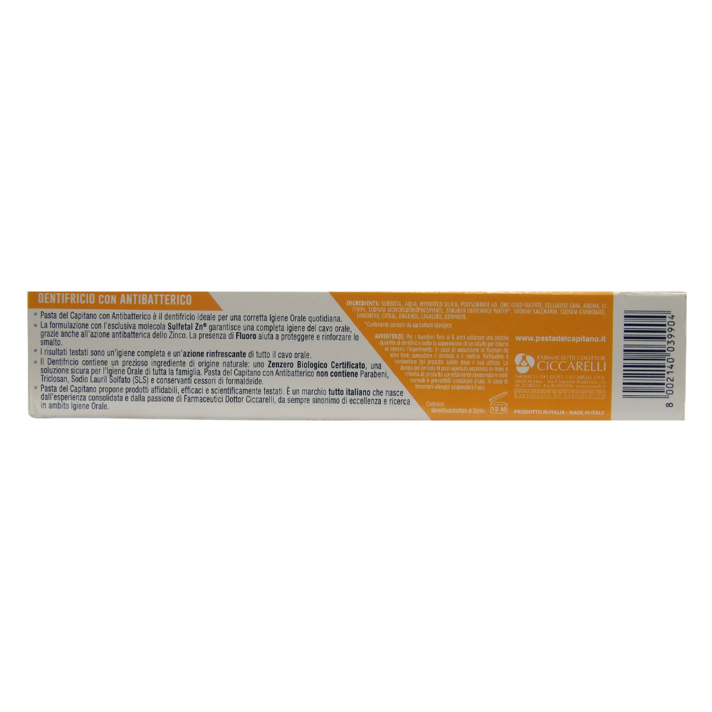 PASTA DEL CAPITANO Dentifricio ZENZERO Bio, Con Antibatterico. Protezione Completa, Rinfresca L'Alito. Con Fluoro e Sulfetal Zn. Non Contiene Parabeni, Triclosan, Sodio Lauril Solfato 75ml