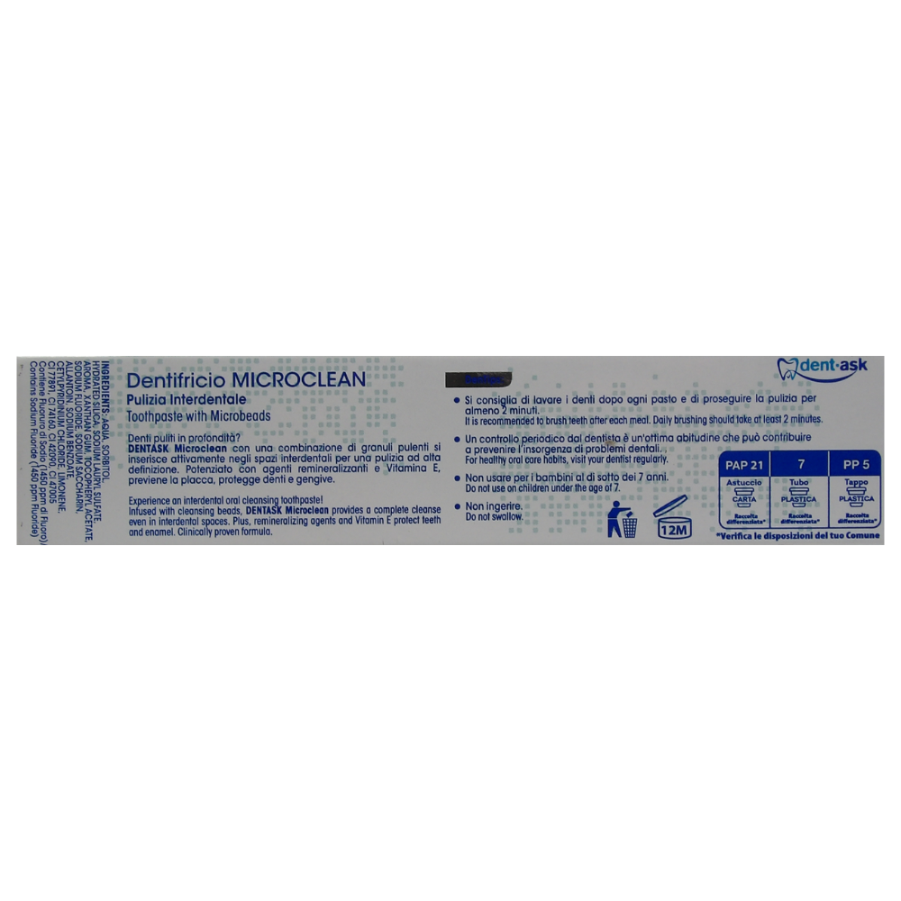 DENTASK Dentifricio MICROCLEAN, Pulizia Interdentale. Con Microgranuli Pulenti, Formula Pro-Smalto, Effetto Anti-Placca 75ml