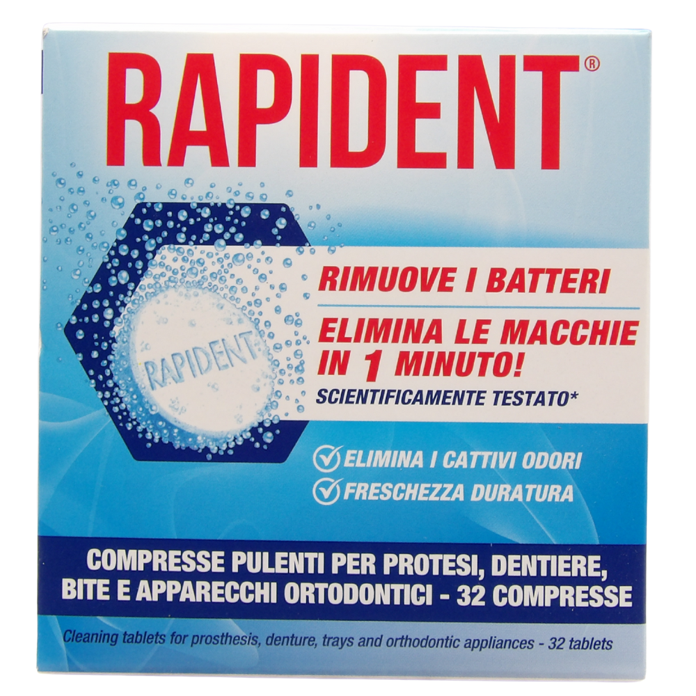 RAPIDENT Compresse Pulenti Per Apparecchi Dentali Ortodontici. Rimuove i Batteri, Elimina Le Macchie In 1 Minuto! Elimina i Cattivi Odori, Freschezza Duratura (Confezione Da 32 Compresse)