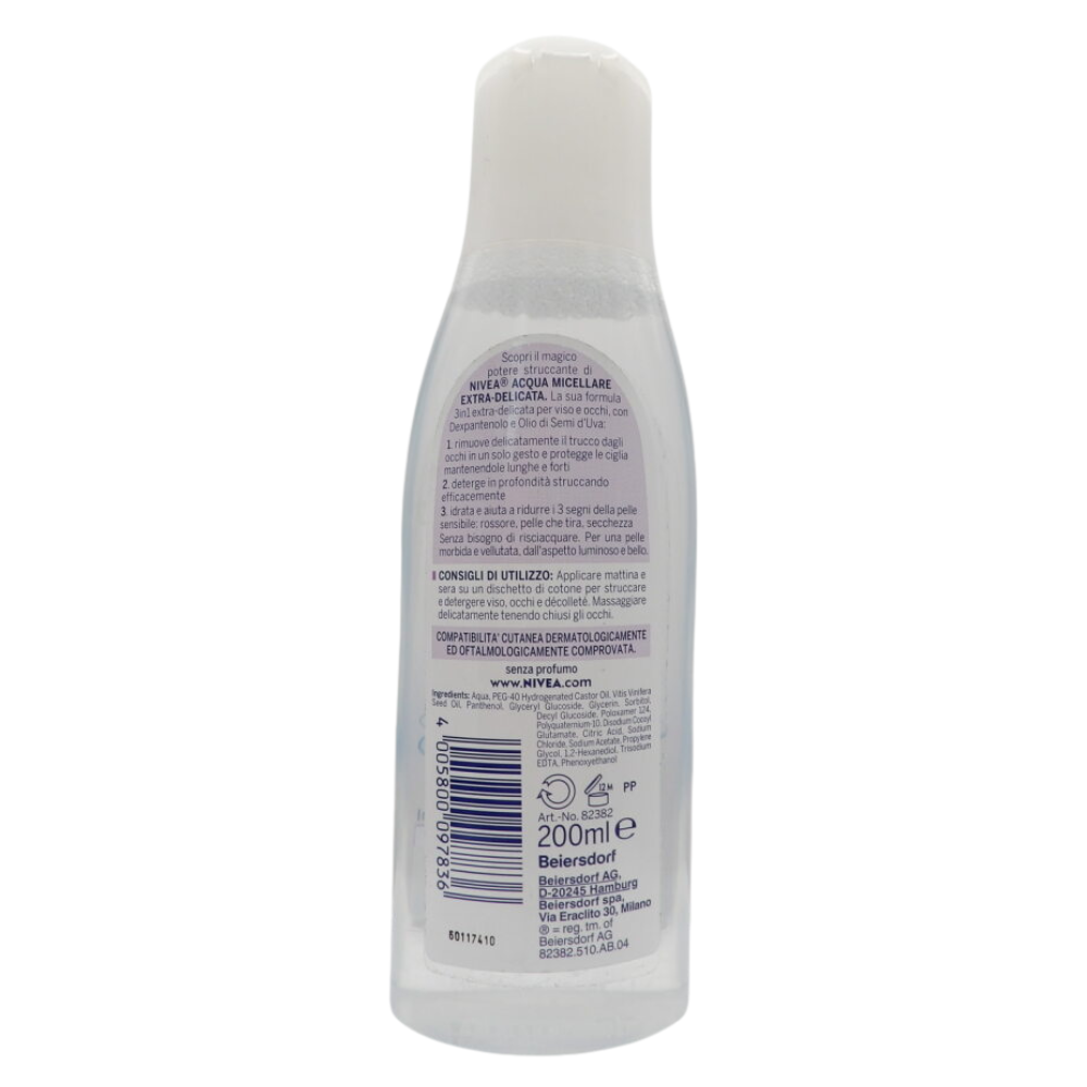NIVEA Acqua Micellare EXTRA-DELICATA, Per Pelli Sensibili. Detergente 3in1 Per Viso & Occhi. Con Dexpantenolo & Olio Di Semi D'Uva 200ml