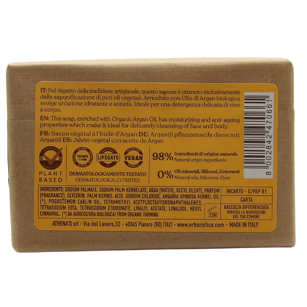 L'ERBORISTICA Sapone vegetale viso e corpo con olio di argan biologico, azione idratante e antietà. 98% di origine naturale, 100 g