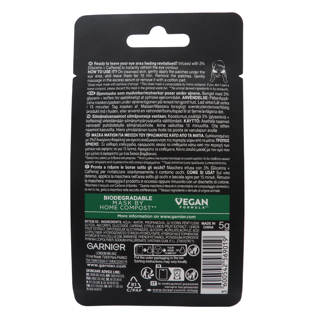 GARNIER Maschera In Tessuto Occhi Rivitalizzante+caffeina