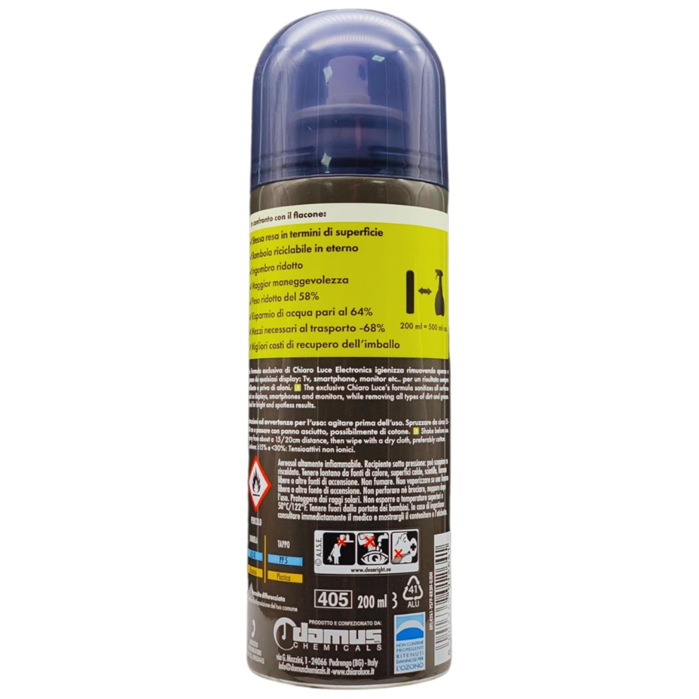 Chiaro Luce Eletronics, Detergente Pulisci Schermo, TV, Smartphone, Monitor. Bomboletta in Alluminio, 200ml