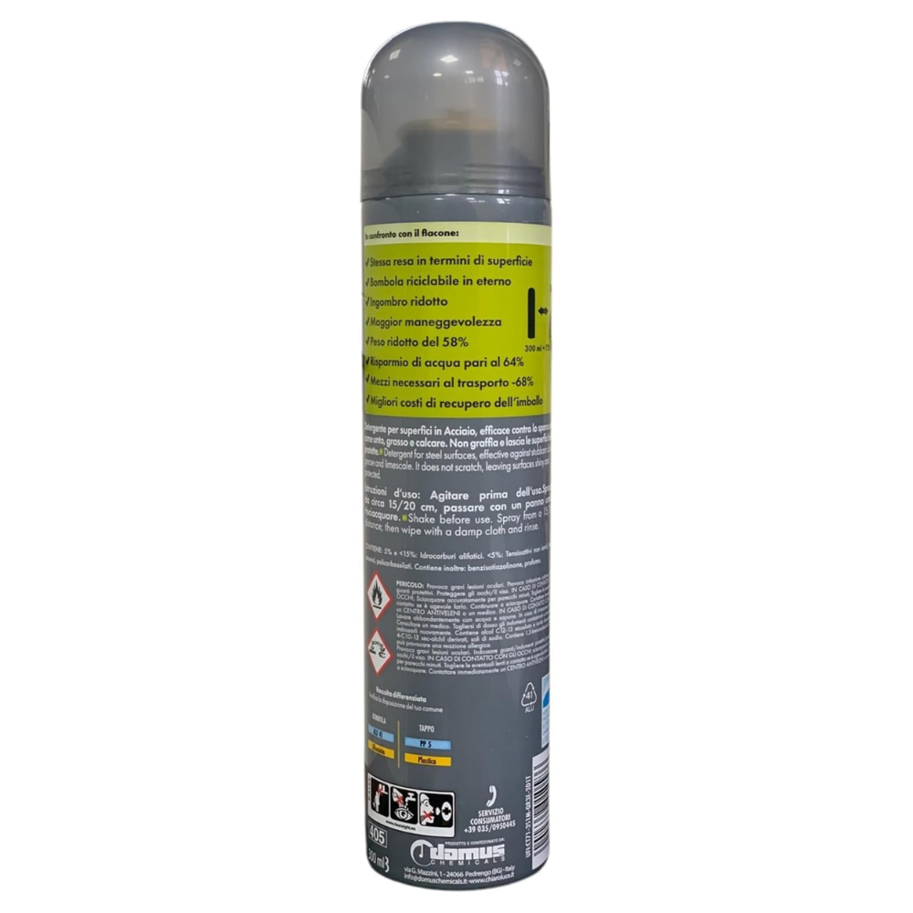 Chiaro Luce Spray ACCIAIO, Pulito Senza Fatica, Sgrassa Senza Graffiare, Lucida e Protegge 300ml