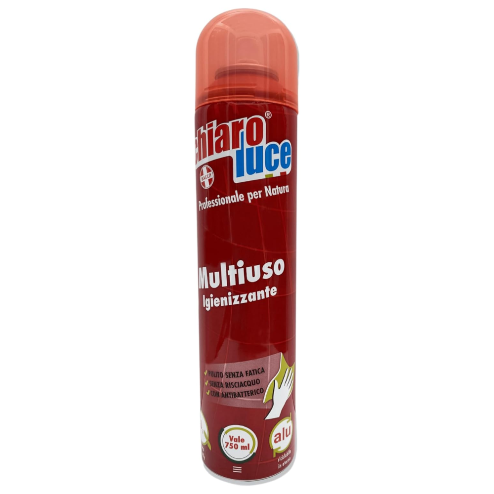 Chiaro Luce Pulizia Spray Igienizzante Multisuperficie, Ideale per Tutte le Superfici. Efficace Contro Qualsiasi Residuo di Sporco Senza Lasciare Aloni. Bomboletta in Alluminio 300 ml