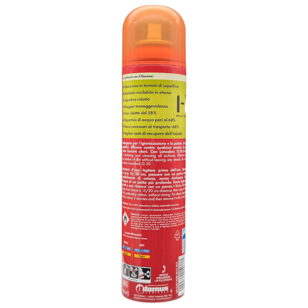 Chiaro Luce Pulizia Spray Igienizzante Multisuperficie, Ideale per Tutte le Superfici. Efficace Contro Qualsiasi Residuo di Sporco Senza Lasciare Aloni. Bomboletta in Alluminio 300 ml