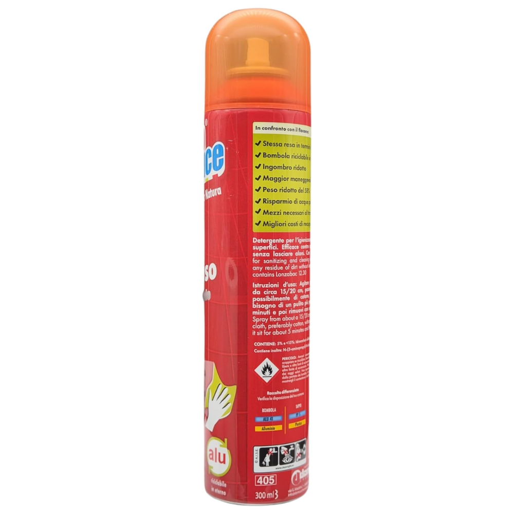 Chiaro Luce Pulizia Spray Igienizzante Multisuperficie, Ideale per Tutte le Superfici. Efficace Contro Qualsiasi Residuo di Sporco Senza Lasciare Aloni. Bomboletta in Alluminio 300 ml